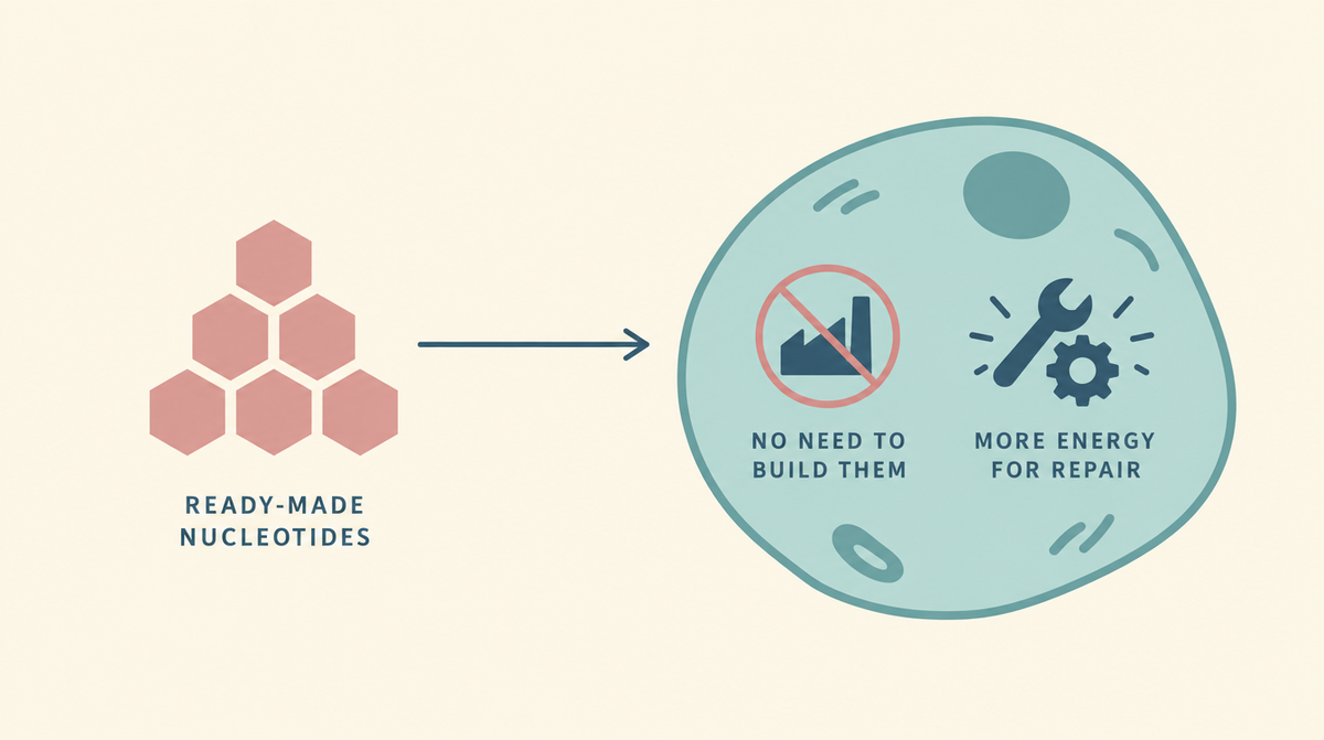 Diagram showing ready-made nucleotides supplied to a cell so it does not have to build them, leaving more energy for repair.