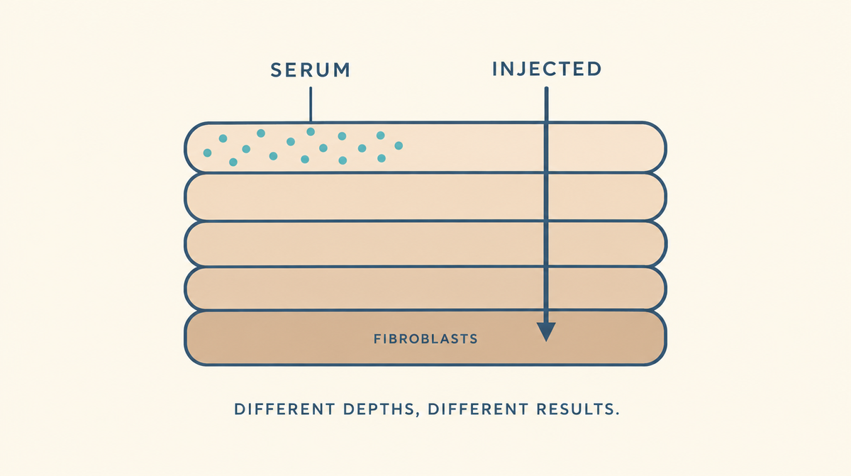 Cross-section diagram comparing a serum working in the topmost layer with an injection reaching the fibroblast layer below.
