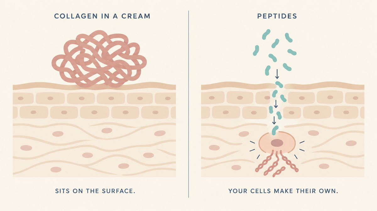 Diagram comparing collagen in a cream sitting on the skin surface with peptides passing in and prompting cells to make their own.