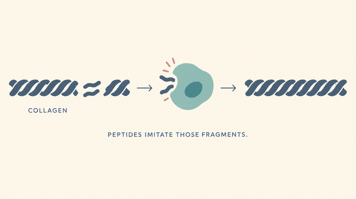 Diagram showing broken collagen fragments detected by a skin cell, prompting it to build new collagen, with peptides imitating those fragments.