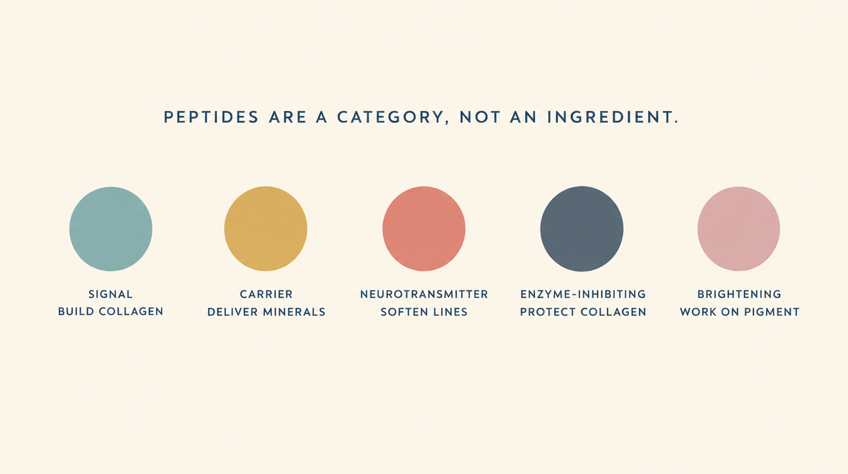 Diagram showing five categories of peptide, each with the different job it does, from building collagen to working on pigment.