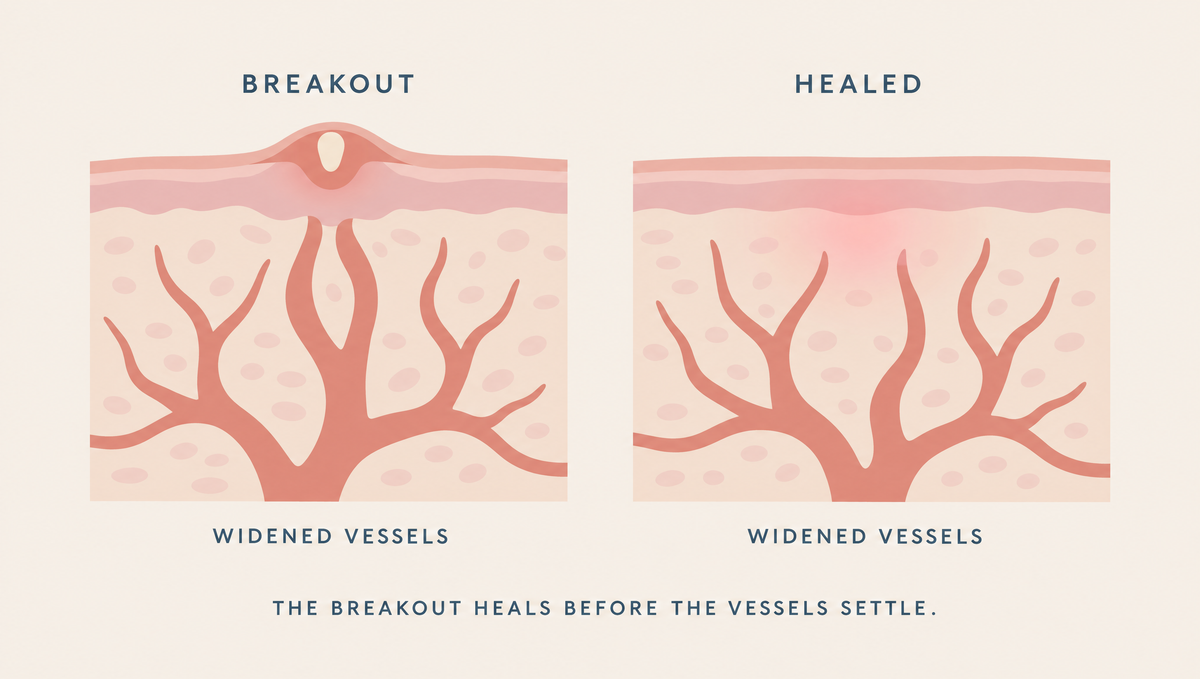 Diagram of two skin cross-sections: an inflamed breakout with widened blood vessels beneath it, and the same area after healing, with a flat surface but the vessels still wide and a pink tint showing through.
