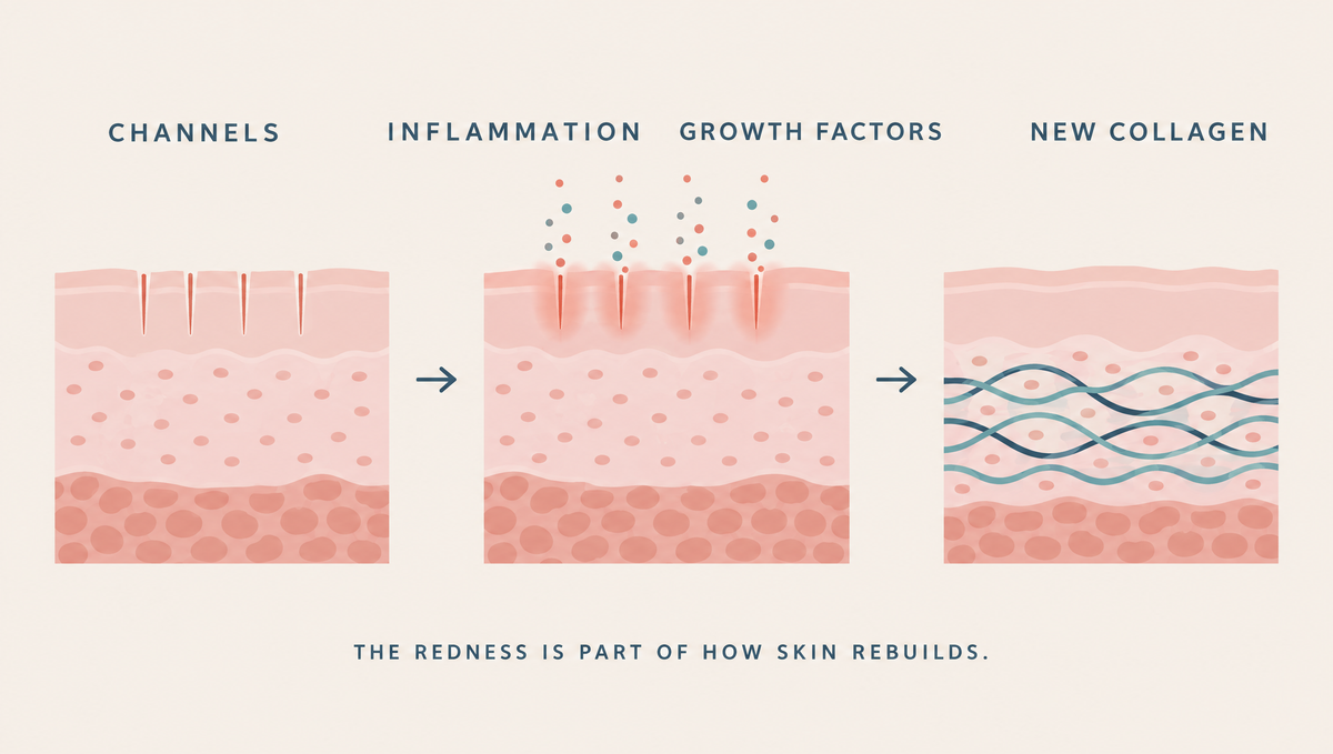Three-panel diagram of skin after microneedling: tiny channels, then inflammation releasing growth factors, then a mesh of new collagen fibers.