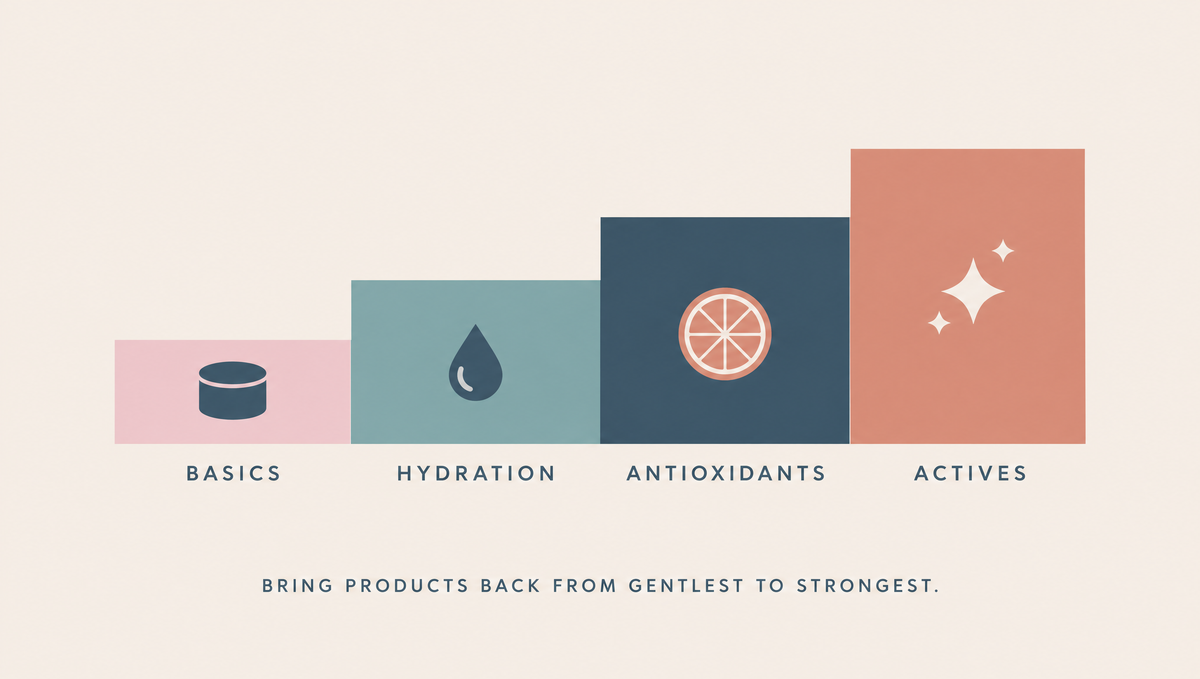 Diagram of four rising steps labeled basics, hydration, antioxidants and actives, showing the order to bring products back.