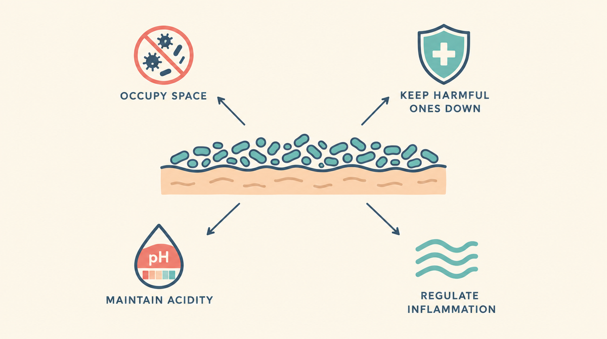Diagram showing the four jobs skin bacteria do: occupy space, keep any one type from taking over, maintain acidity and regulate inflammation.