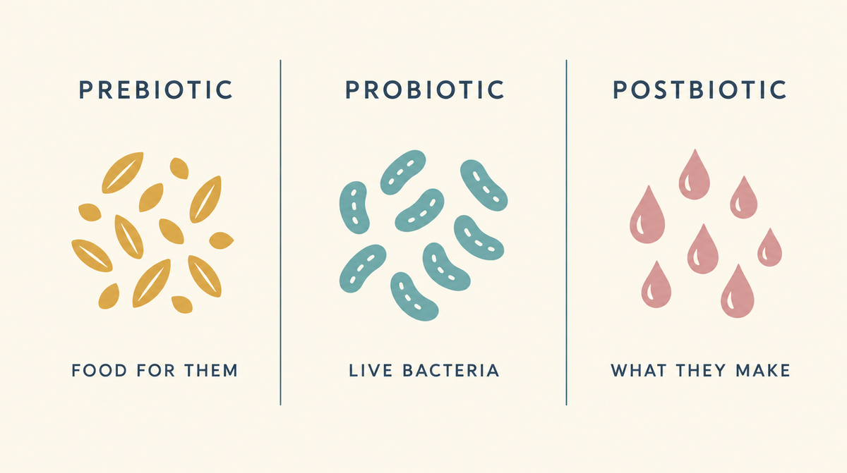 Diagram explaining prebiotic as food for bacteria, probiotic as live bacteria, and postbiotic as the compounds bacteria make.