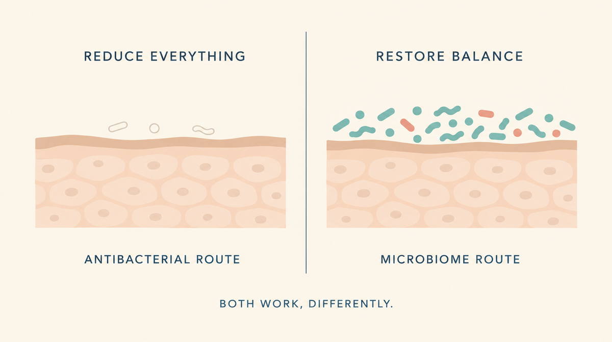 Diagram comparing the antibacterial route, which reduces nearly all bacteria, with the microbiome route, which restores balance between strains.