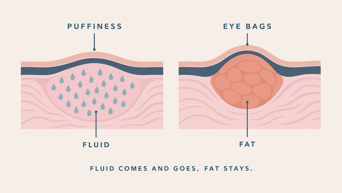 Two cross-sections of soft tissue under thin skin: on the left, small water droplets pooled in loose tissue; on the right, a rounded fat pad pushing the skin outward through a loosened band.