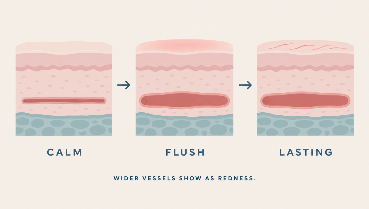 Diagram of a small blood vessel under the skin, narrow when calm, widened during a flush, and staying wide with fine red lines when redness lasts.