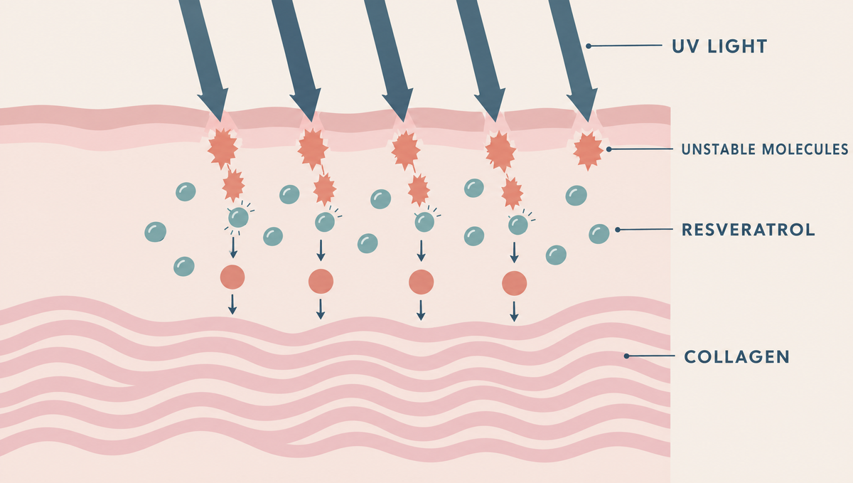 Diagram of light entering skin and forming jagged particles, which teal resveratrol molecules neutralize before they reach collagen.