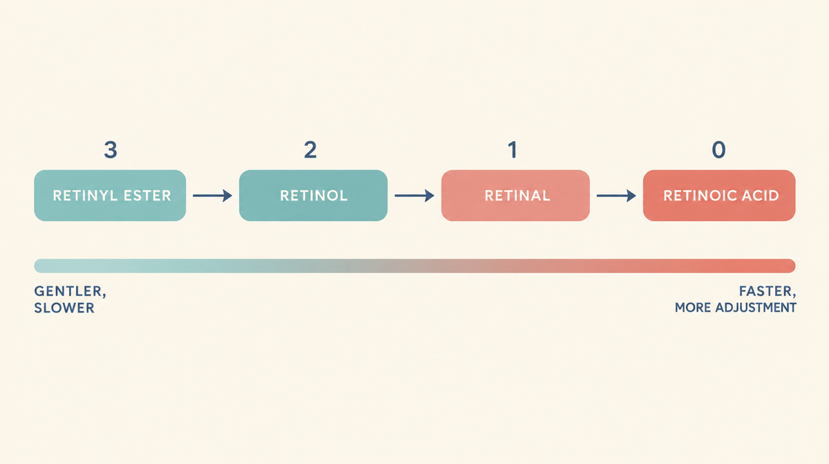 Diagram of the retinoid conversion ladder from retinyl ester through retinol and retinal to retinoic acid, showing fewer conversion steps means faster results and more adjustment.