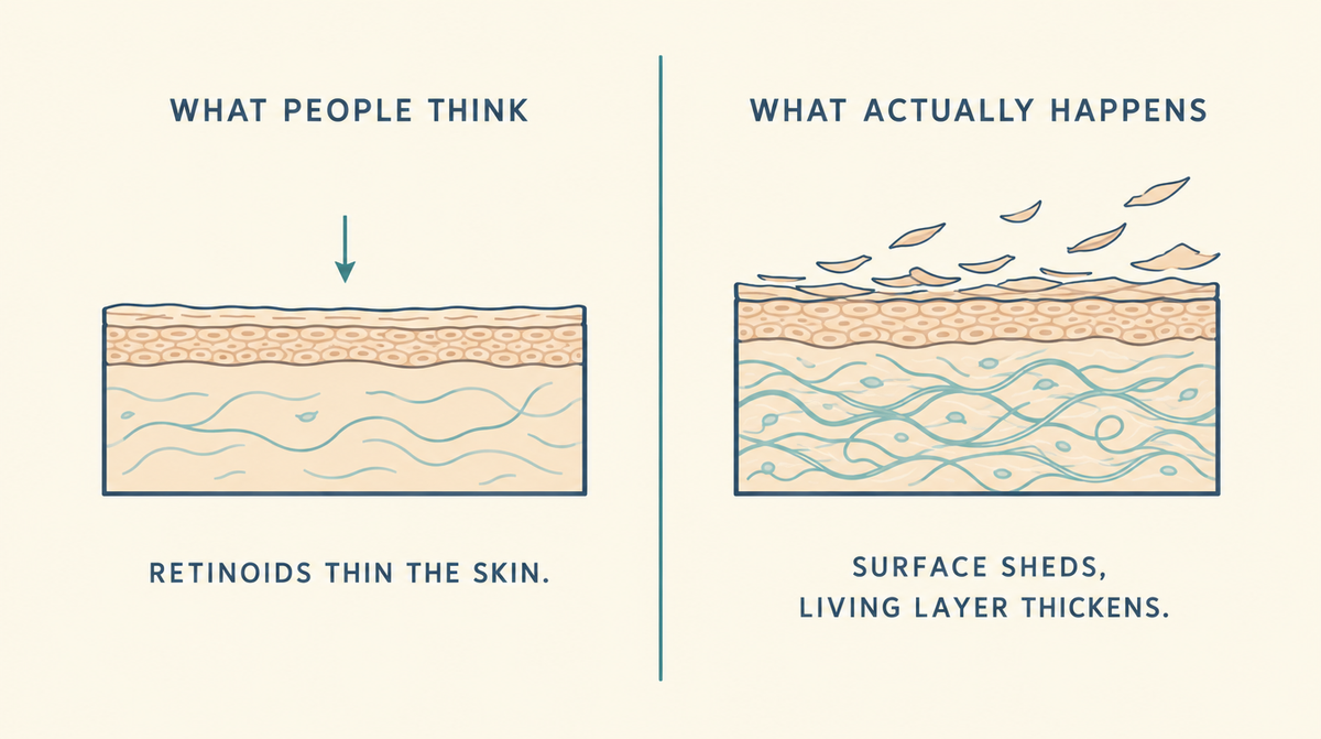 Diagram correcting the myth that retinoids thin the skin, showing the surface shedding while the living layer beneath thickens.