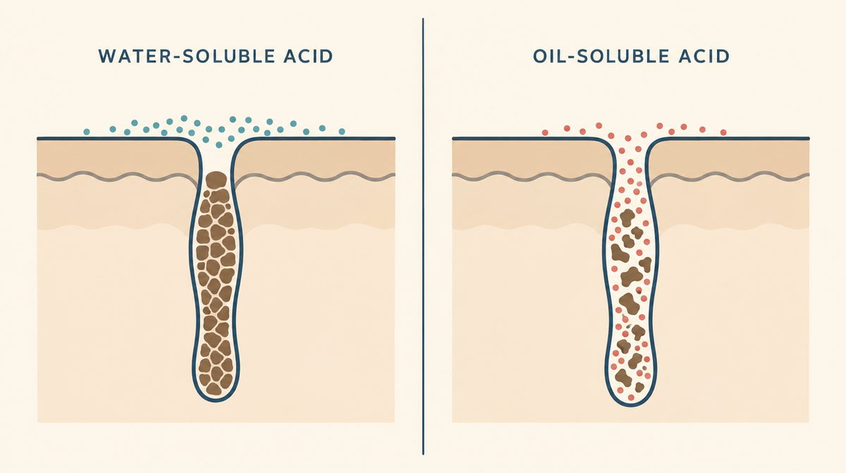 Diagram comparing a water-soluble acid that stays on the surface around a pore with an oil-soluble acid that travels down inside and breaks the plug apart.