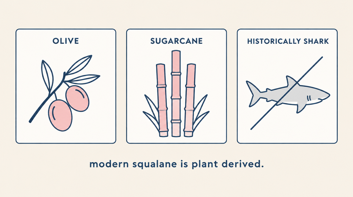 Diagram showing squalane sourced from olive and sugarcane, with shark-derived sourcing marked as no longer used.