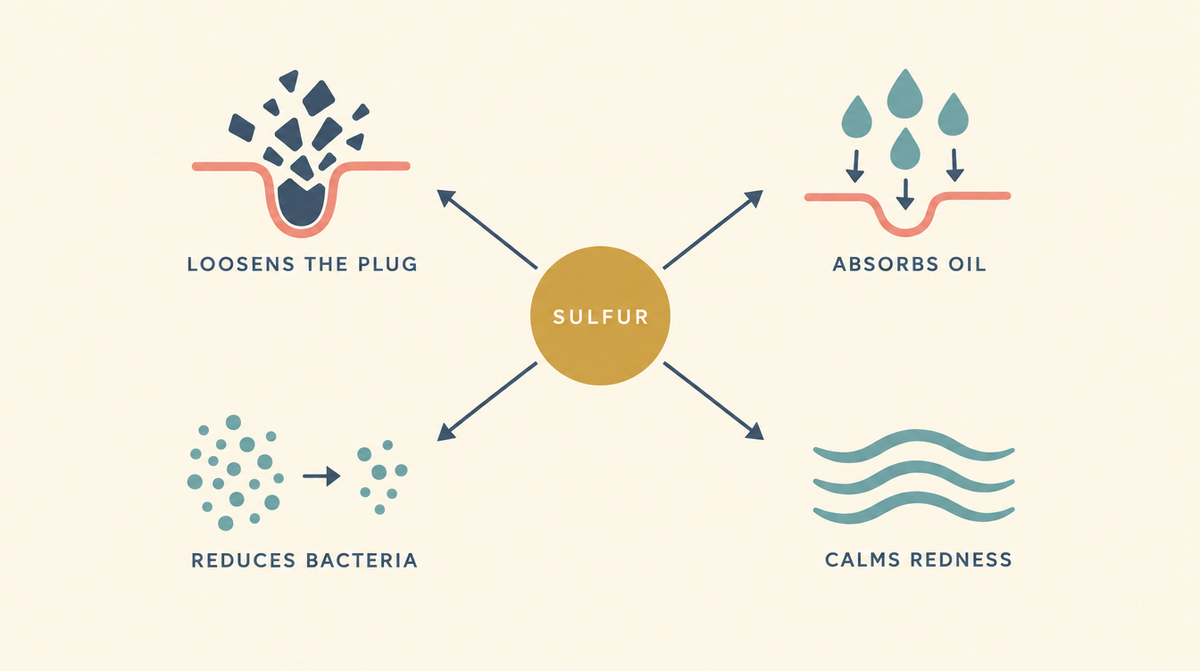 Diagram showing sulfur doing four things at once: loosening the plug, absorbing oil, reducing bacteria and calming redness.