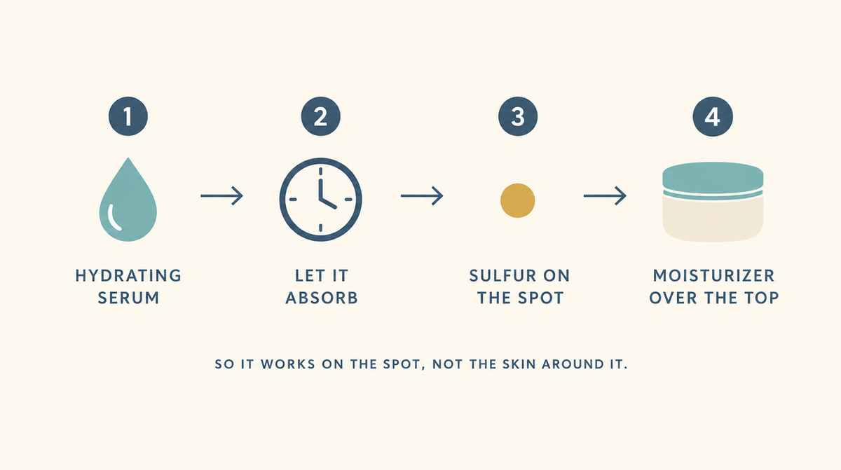 Four-step layering order for a sulfur spot treatment: hydrating serum, let it absorb, sulfur on the spot, then moisturizer over the top.