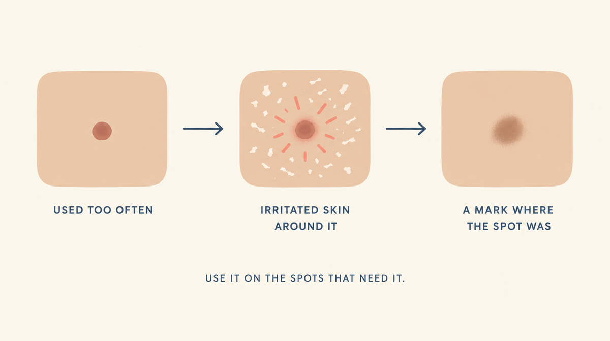 Three-stage diagram showing a sulfur treatment used too often causing irritation around the spot, which leaves a brown mark where the spot was.