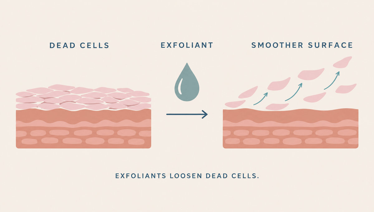 Diagram of a rough layer of dead cells stuck together on the skin surface, then loosening and lifting away after an exfoliant droplet, leaving a smooth surface.