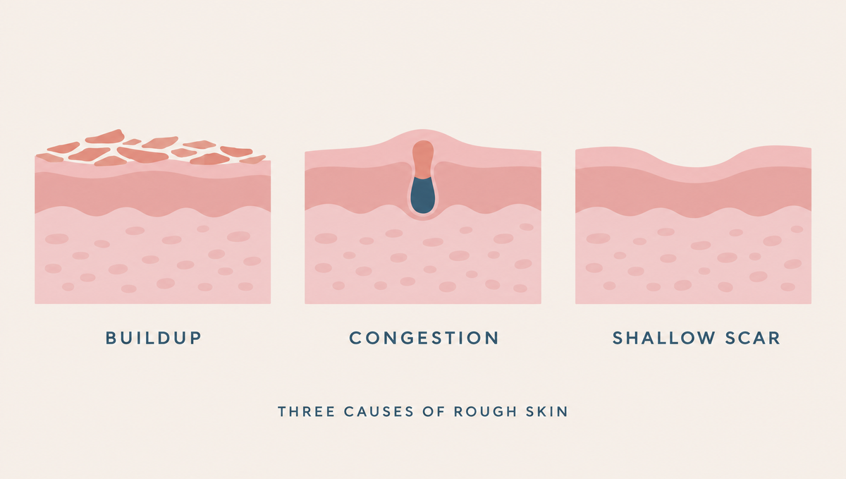 Diagram of three skin cross-sections side by side: flakes piled unevenly on the surface, a plugged pore under a closed bump, and a soft shallow dip in the surface.