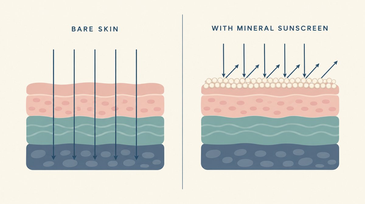 Side by side diagram comparing bare skin, where UV passes straight through, with skin covered by a layer of mineral sunscreen particles that stops the UV at the surface.