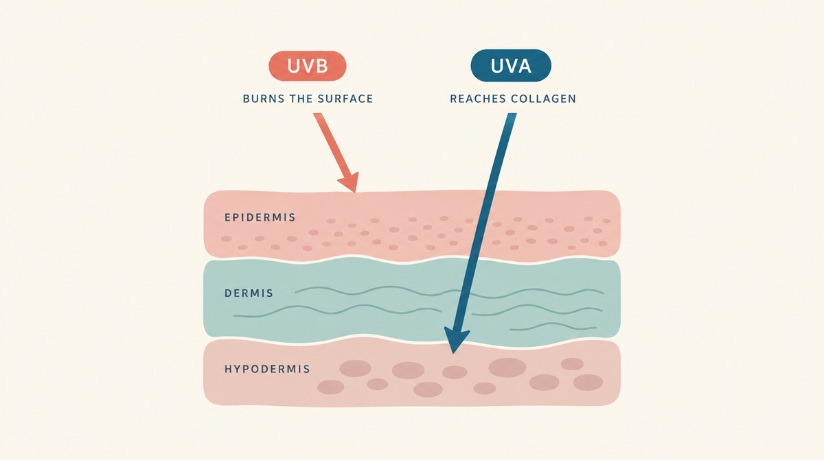 Cross-section diagram of skin showing UVB rays stopping at the surface layer and UVA rays reaching deeper into the collagen layer.