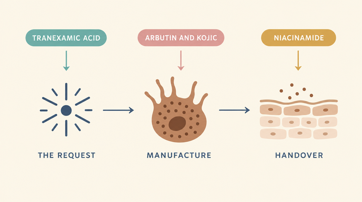 Diagram of the three stages of making pigment, showing tranexamic acid acting on the request, arbutin and kojic on manufacture, and niacinamide on the handover.
