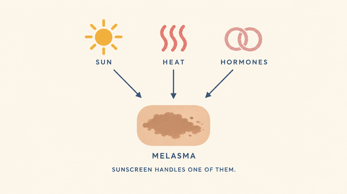 Diagram showing sun, heat and hormones all triggering melasma, with a note that sunscreen handles only one of them.