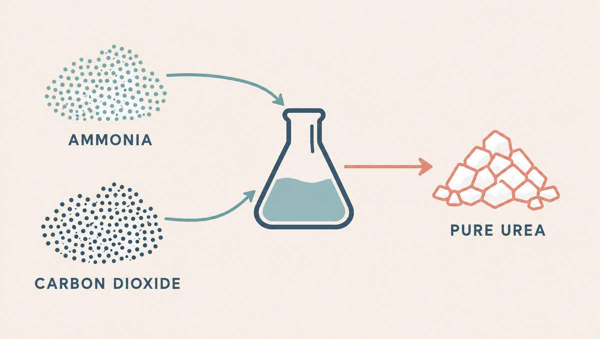 Two clouds of dots with arrows into a laboratory flask, and an arrow from the flask to a small pile of white crystals.
