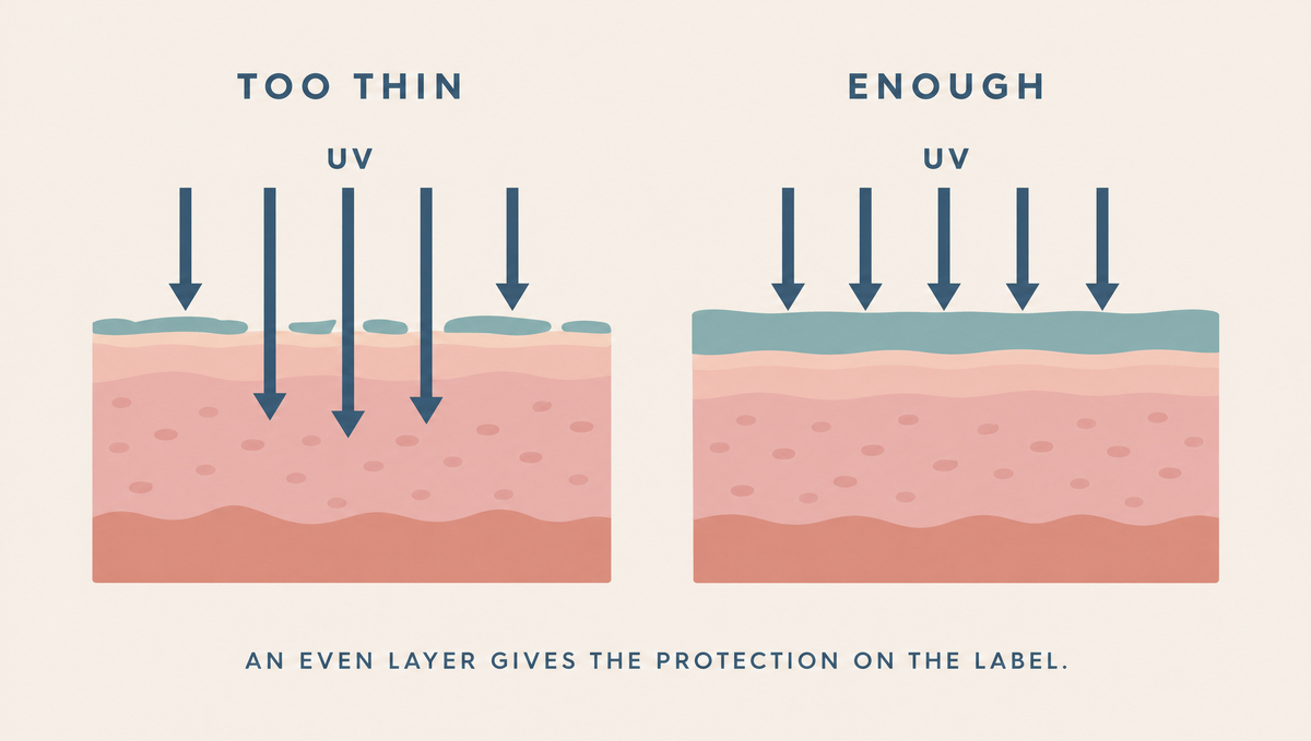 Diagram comparing a thin, patchy sunscreen layer that lets UV arrows through with an even, thicker layer that stops them.