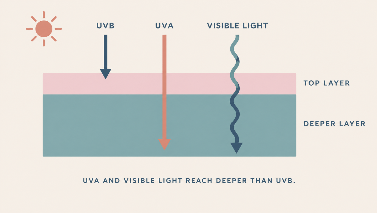 Diagram of a skin cross-section with a UVB arrow stopping in the top layer and UVA and visible light arrows reaching the deeper layer.