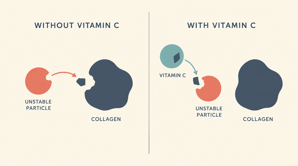 Diagram comparing skin without vitamin C, where an unstable particle damages collagen, and skin with vitamin C, where the particle takes what it needs from the vitamin C instead and the collagen stays intact.