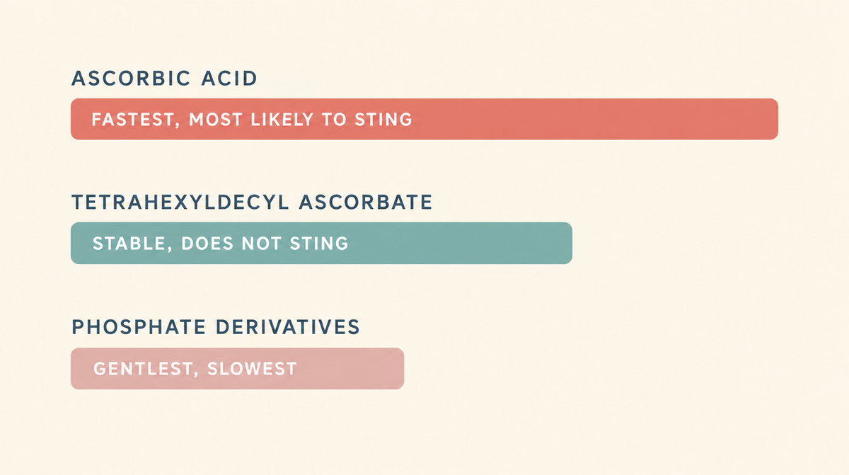 Chart comparing three forms of vitamin C by speed and gentleness, from ascorbic acid through tetrahexyldecyl ascorbate to the phosphate derivatives.