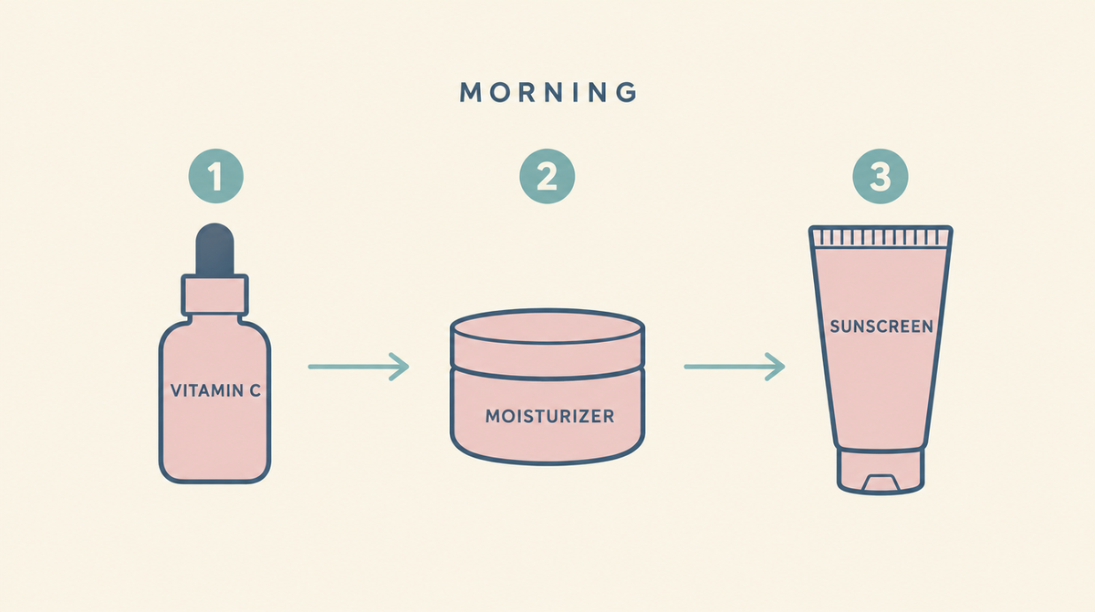 Three step morning routine order showing vitamin C serum first, then moisturizer, then sunscreen.