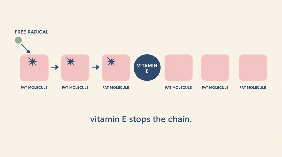 Diagram showing damage passing along a row of fat molecules until vitamin E stops the chain.