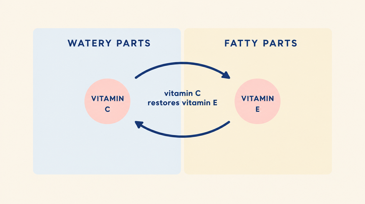 Diagram showing vitamin C working in the watery parts of skin and vitamin E in the fatty parts, with vitamin C restoring vitamin E after it is spent.
