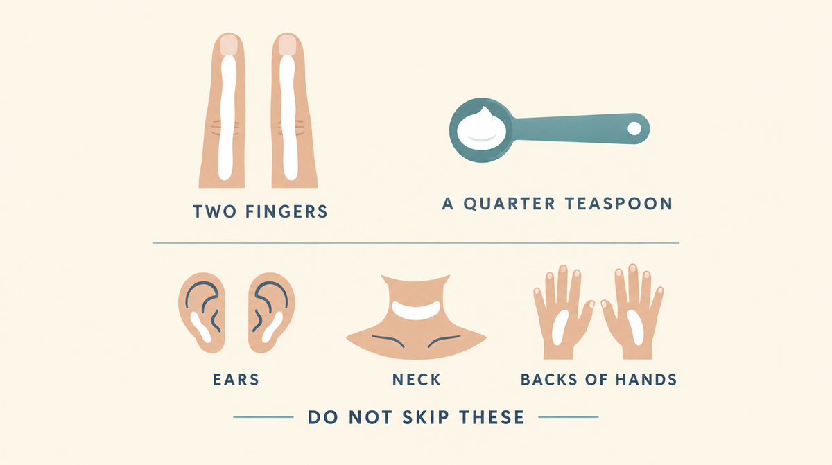 Diagram showing the two finger rule and quarter teaspoon measure for sunscreen, with a reminder not to skip ears, neck and the backs of hands.
