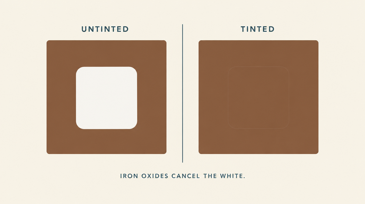Comparison of an untinted mineral sunscreen swatch showing as a pale patch against deeper skin, and a tinted swatch blending in almost invisibly.