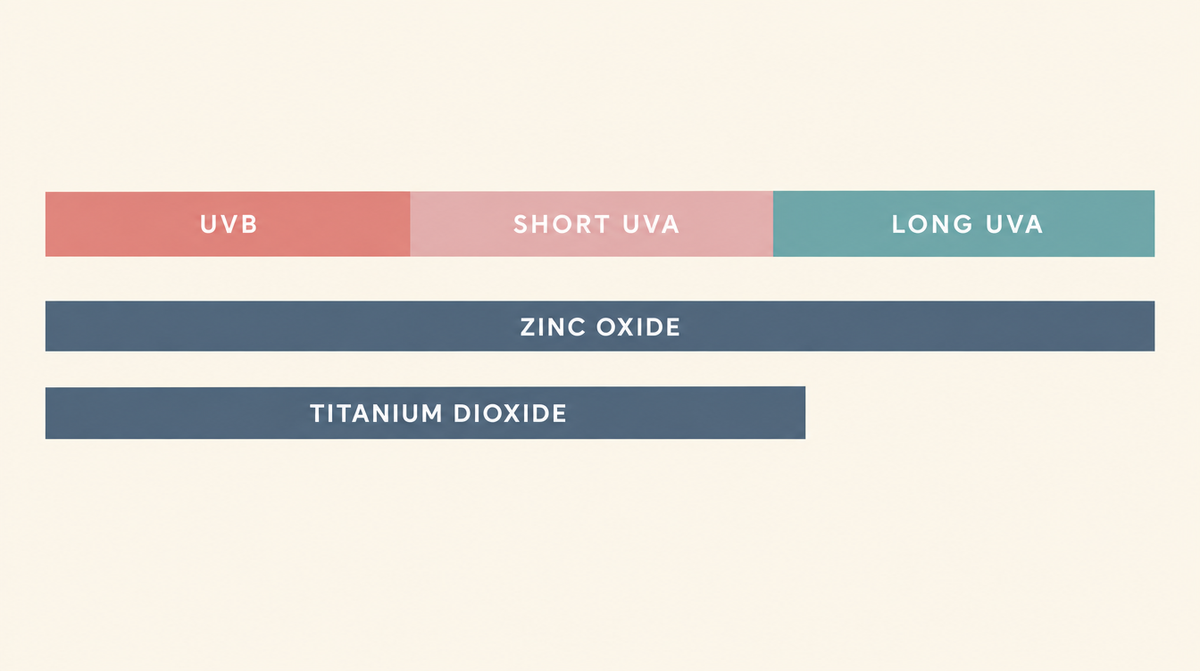 Chart showing the ultraviolet spectrum divided into UVB, short UVA and long UVA, with zinc oxide covering the full range and titanium dioxide covering only the first two segments.