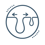 Line icon: a wide, stretched pore beside a small normal pore.