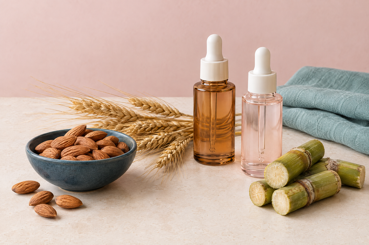 Whole almonds, stalks of wheat and pieces of green sugar cane beside two unlabeled dropper bottles on stone.