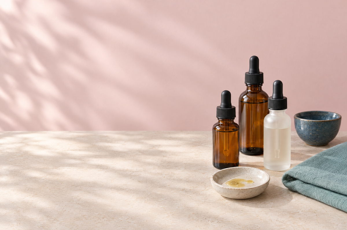 Unlabeled amber and frosted dropper bottles beside a dish of golden serum and a folded teal cloth in soft morning light.