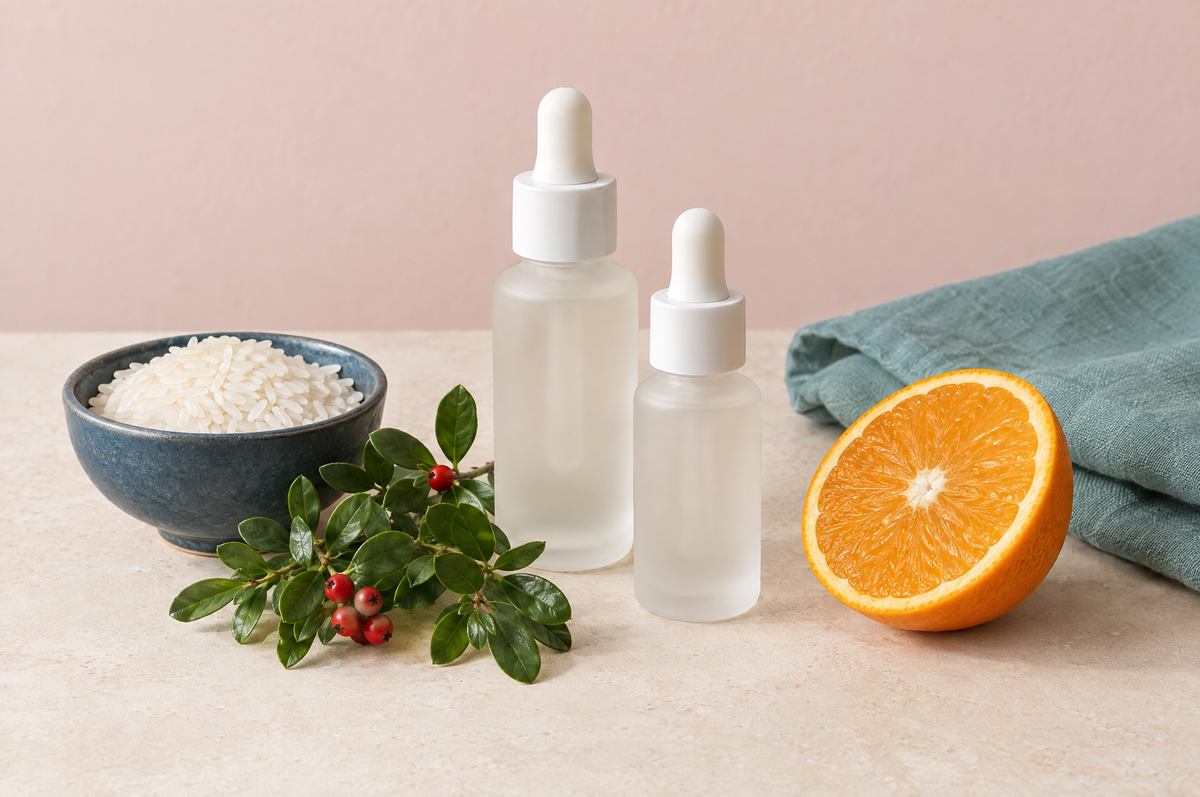A bowl of rice, a sprig of bearberry leaves, a halved orange and two unlabeled dropper bottles on stone.