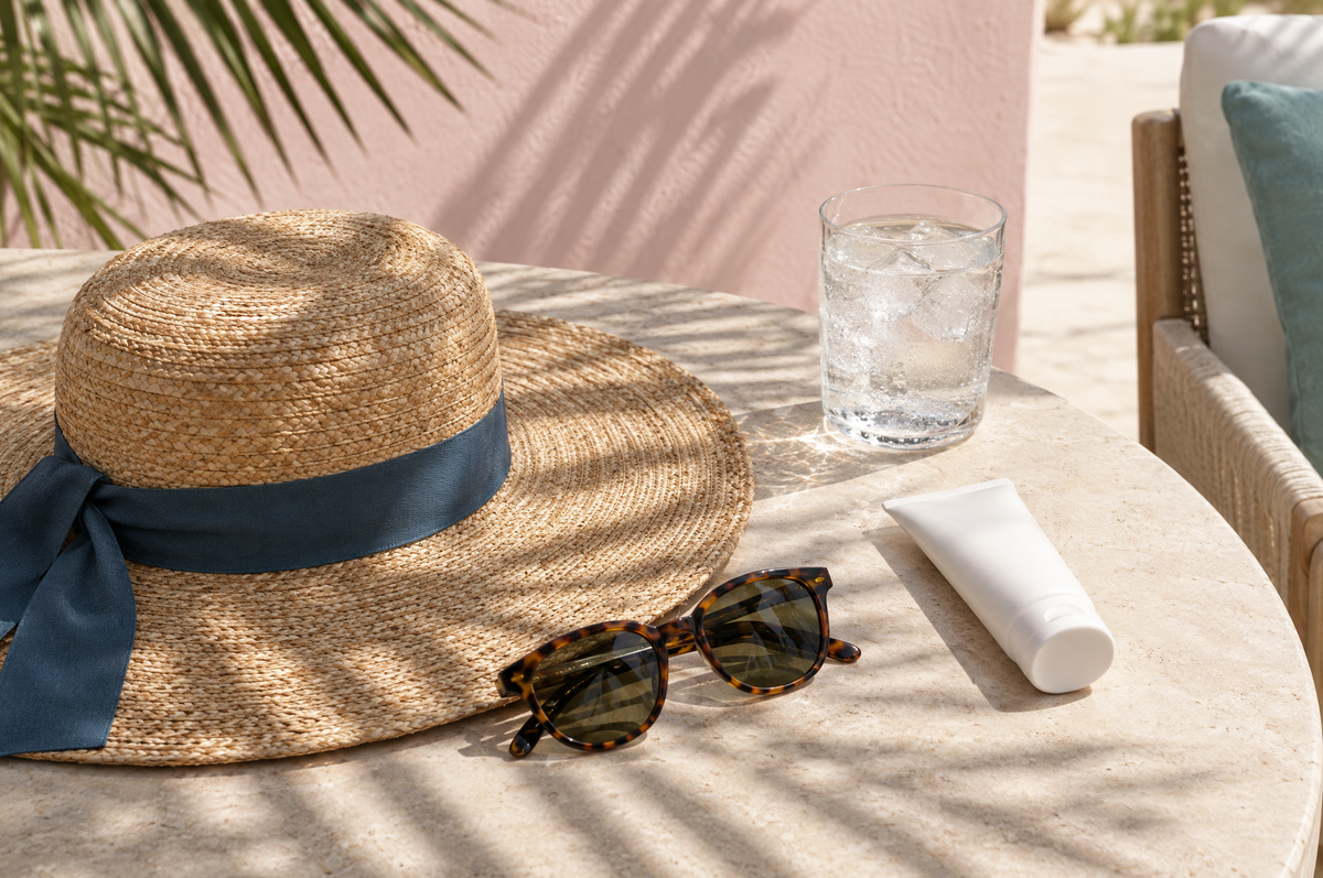 A straw sun hat and sunglasses resting in the shade of palm fronds beside a glass of iced water and an unlabeled sunscreen tube.