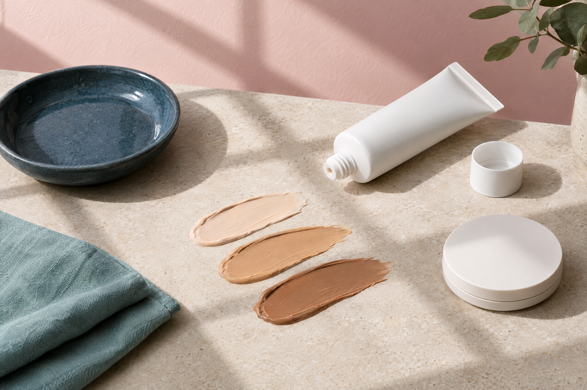 Swatches of tinted mineral sunscreen in light, medium and deep shades beside an unlabeled tube and compact in bright sunlight.