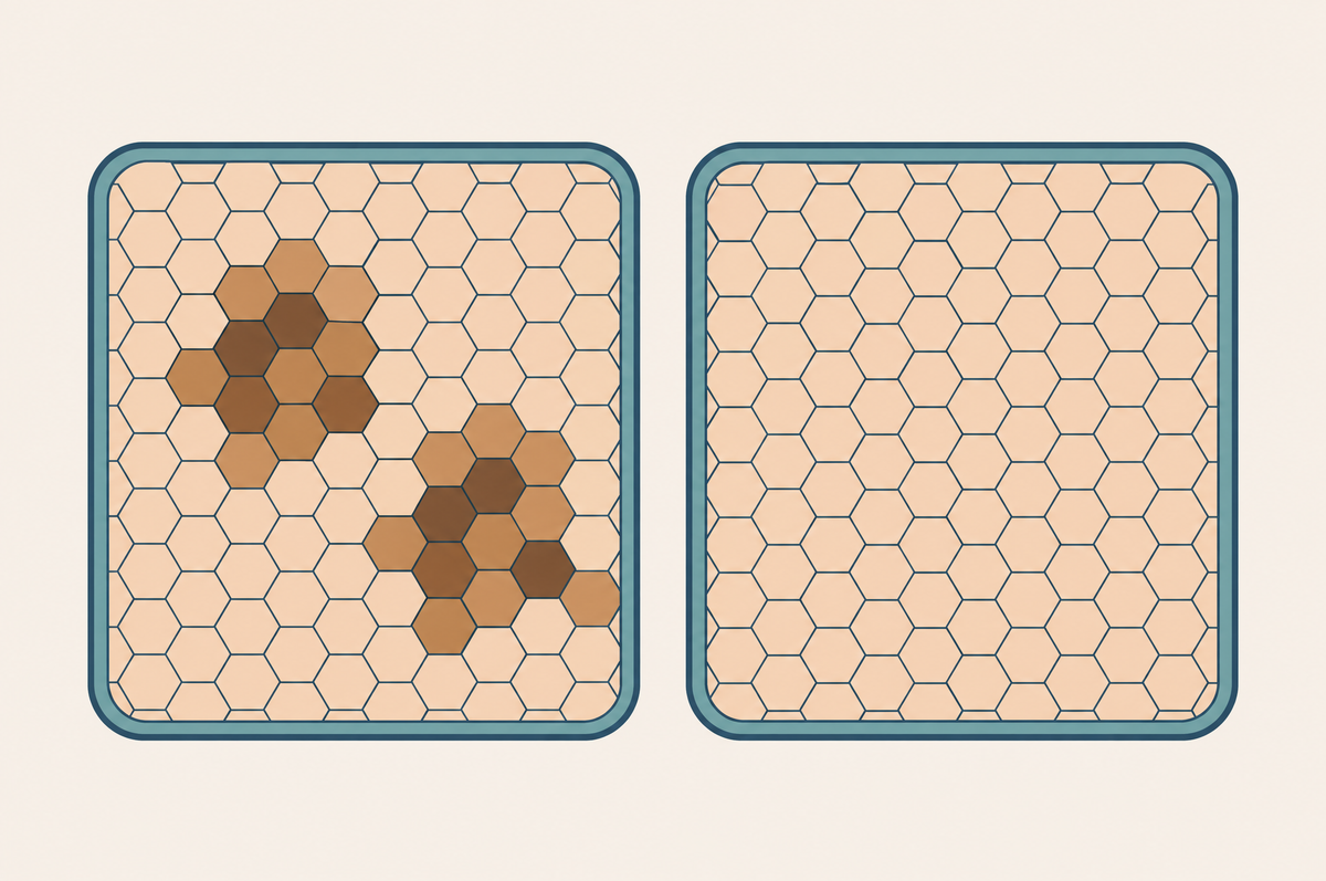 Illustration of two tiled surfaces: one with uneven patches of darker brown tiles, and one with an even, uniform tone.