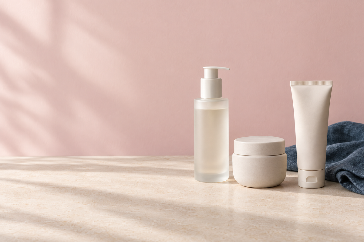 A pump bottle, a cream jar and a sunscreen tube on a warm stone surface, representing cleanser, moisturizer and sunscreen.