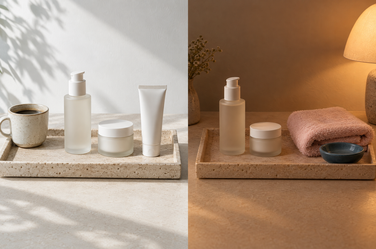 Two skincare trays: a morning tray in daylight with a cleanser, moisturizer and sunscreen, and an evening tray in lamplight with only a cleanser and moisturizer.