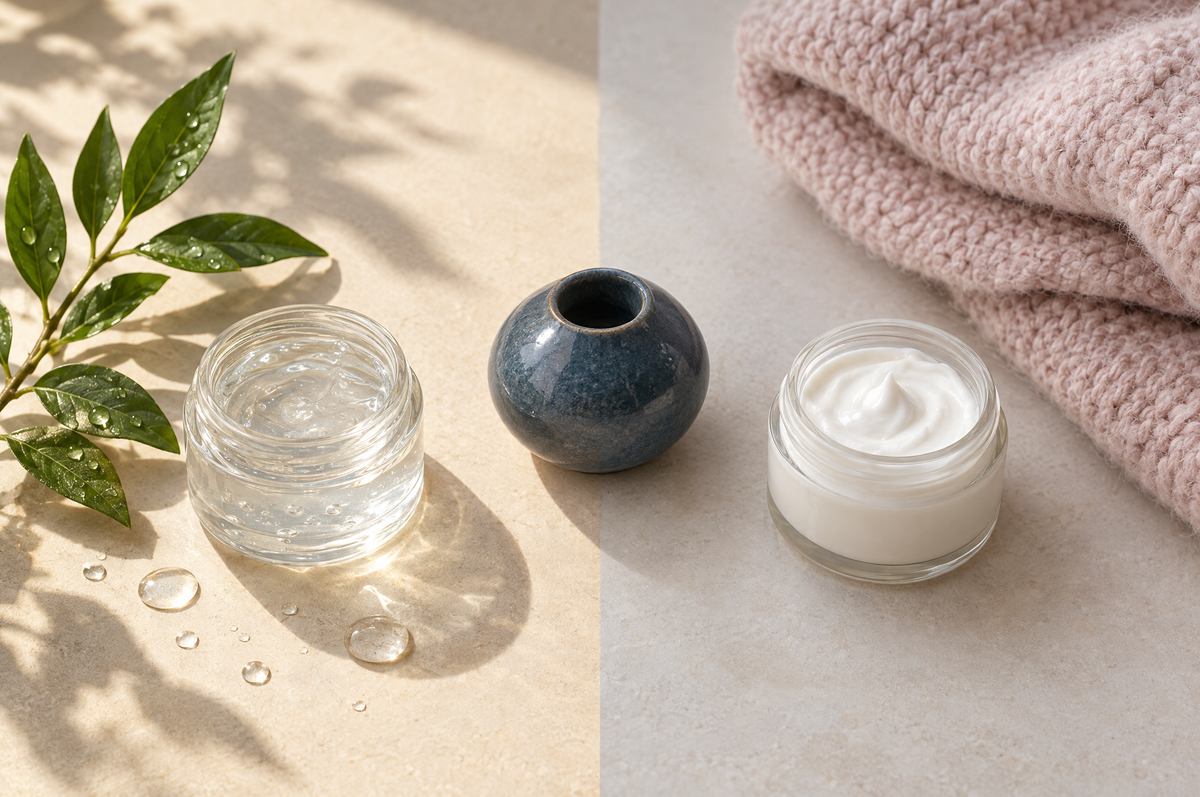 A stone surface split between warm summer light with a light gel and cool winter light with a rich cream and a knit blanket.