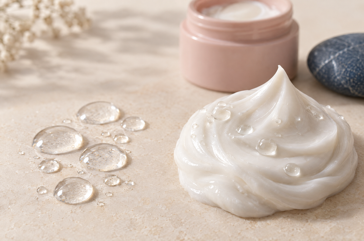Clear water droplets beside a swirl of white moisturizer cream.